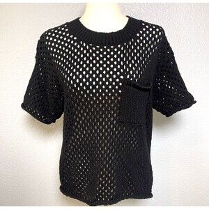 Evereve womens open knit black short sleeve top sz L whimsygoth party grunge $88